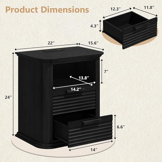 22'' Fluted Nightstand with Charging Station Set of 2, Modern End Table with 2 Drawers and Open Storage, Wood Night Stand with Round Corner, Side Table for Bedroom, Living Room, Curved Profile,Black