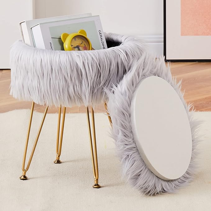 Mxfurhawa Faux Fur Storage Ottoman Round Furry Vanity Stool Marble Grain Tray Coffee Table Compact Footrest Stool with 4 Metal Legs Soft Makeup Seat Foot Stools for Living Room Bedroom Entryway Grey