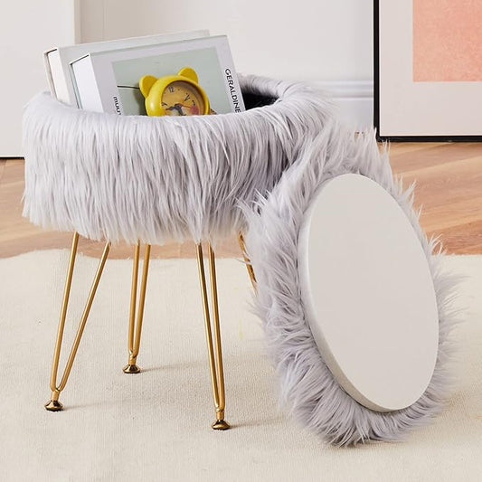 Mxfurhawa Faux Fur Storage Ottoman Round Furry Vanity Stool Marble Grain Tray Coffee Table Compact Footrest Stool with 4 Metal Legs Soft Makeup Seat Foot Stools for Living Room Bedroom Entryway Grey