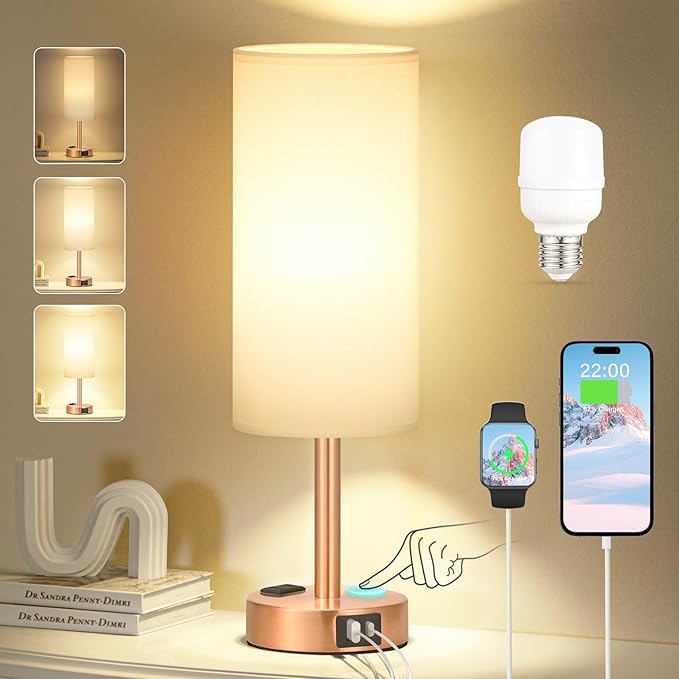 Fenmzee Bronze Nightstand Bedroom Lamp - 3 Way Dimmable Bedside Lamp USB C A Charging Ports and AC Outlet, Small Table Lamp White Linen Lampshade for Desk, LED Bulb Included