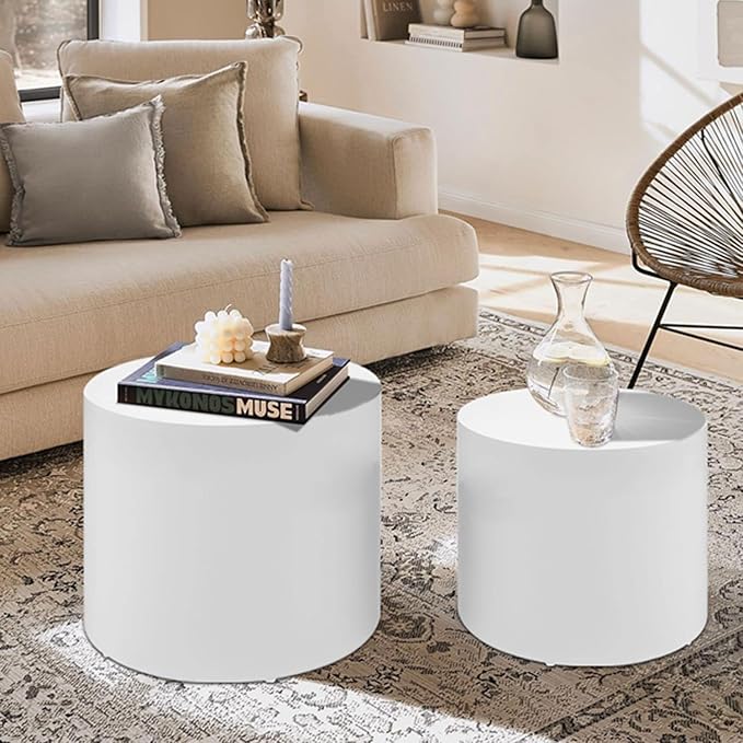 Small Coffee Table Nesting End Table Set of 2, Round Coffee Table Wood Side Table Circle Accent Tables for Small Spaces Living Room Bedroom Balcony Office, White