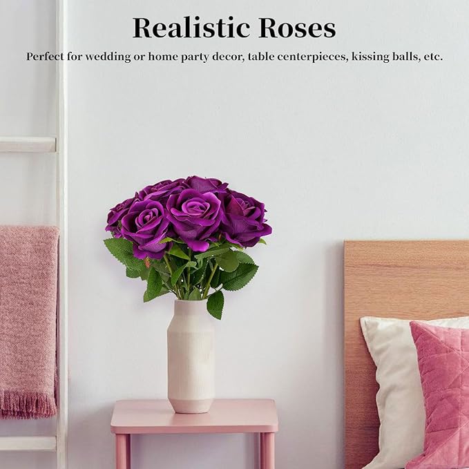 10 PCS Artificial Roses with Long Stems Silk Flowers Realistic Foam Flowers Fake Roses for Valentine's Day Home Wedding Halloween Decor(Rose Purple)