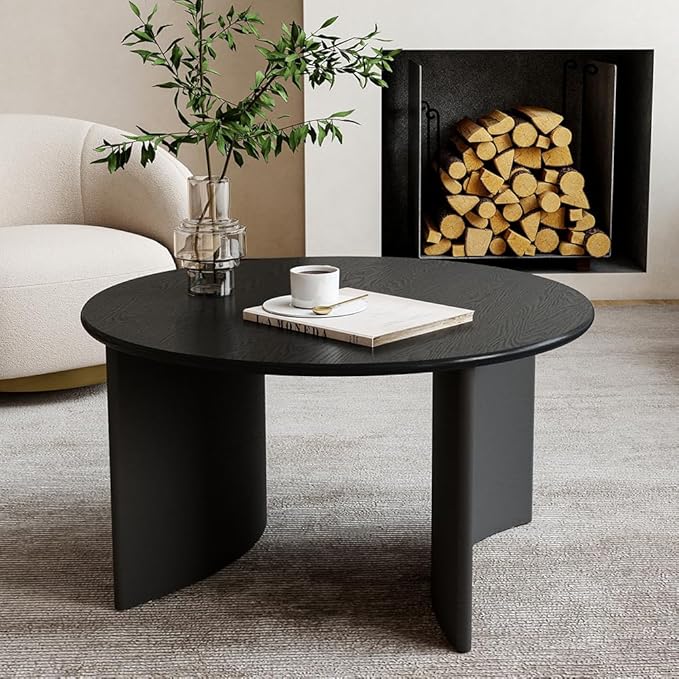 31.5" Mid Century Modern Coffee Table for Living Room, Round Table with Rubber Legs, Small Unique Cocktail Tea Table for Living Room Bedroom Apartment Small Space, Black