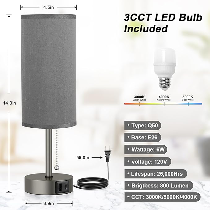Grey Bedside Lamp for Bedroom Nightstand - Small Table Lamp with USB A + C Charging Port, 3 Color Temperatures Pull Chain Night Stand Light, Side Table Desk Reading Lamp for Living Room/Study Room