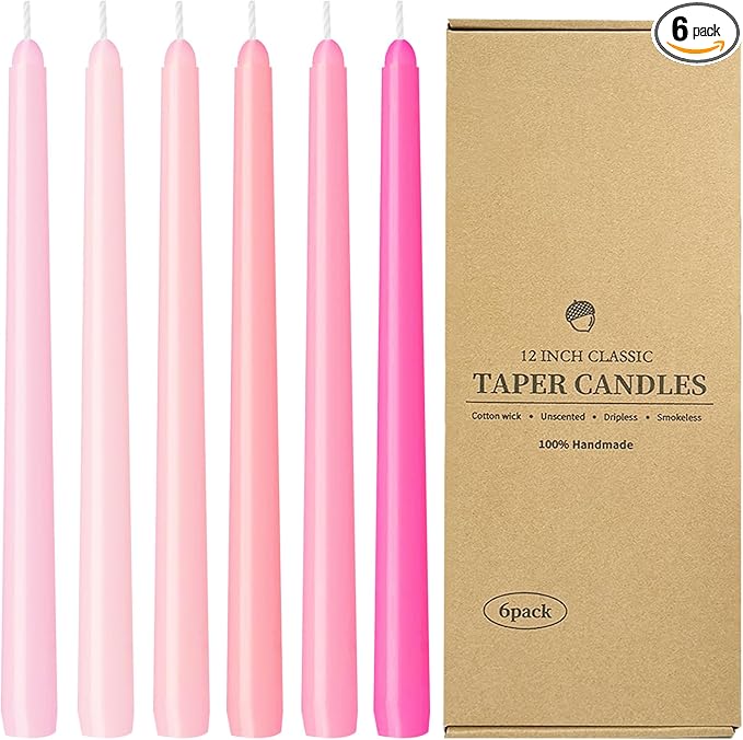 12-Inch Assorted Pink Taper Candles, 6-Pack Smokeless Dripless Long Candlesticks, Unscented Tapered Dinner Candles for Home, Wedding, Party, and Romantic Decor