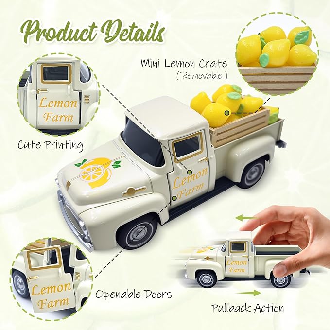 Lemon Decor Vintage Truck Decor with Mini Faux Lemons and Wooden Crate Summer Tiered Tray Decor Lemon Decorations for Home Desk Shelf Farmhouse Kitchen Centerpieces for Tables- Cream