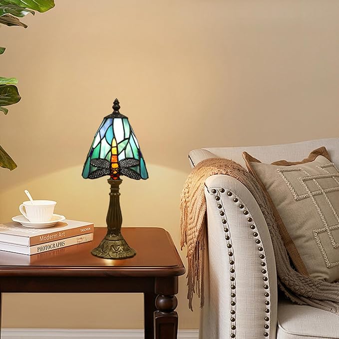 Tiffany Small Lamp Blue Dragonfly Stained Glass Bedside Nightstand Table Lamp,3-Way Color Temperature Handcrafted Lamps for Living Room Bedroom+ LED Bulb,Gifts for Home Decor,6X6X13Inch