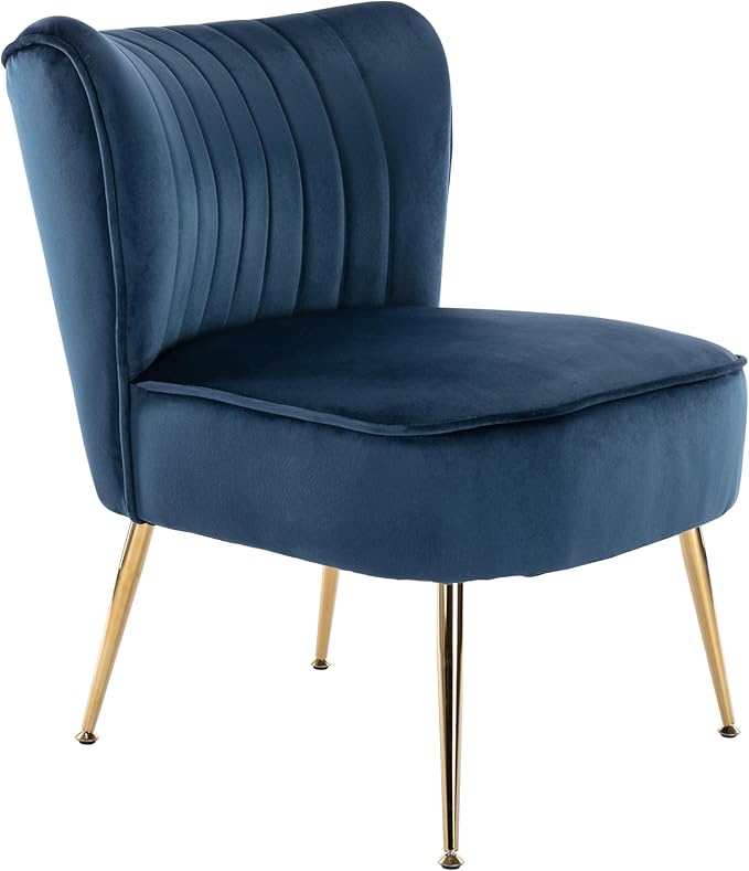 Velvet Accent Chair Set of 2 Comfy Living Room Chair Armless Slipper Chair Mid Century Side Single Sofa Chair with Golden Legs Wingback for Bedroom Guest Room, Blue
