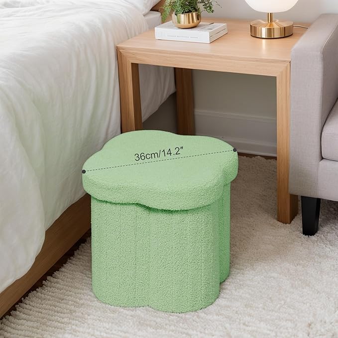 12.6" Small Ottoman with Storage, Flowers Shaped Foldable Foot Rest for Dorm Room, Living Room - Compact Organizer for Small Spaces-Green