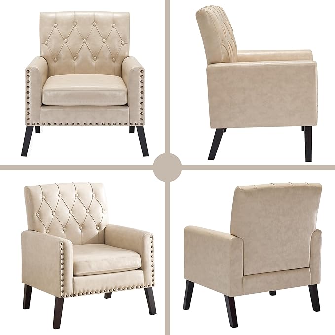 Mid Century Modern Accent Chair, White Faux Leather Office Chair for Reception - Brown Leather Club Chair for Living Room, Bedroom, or Waiting Room