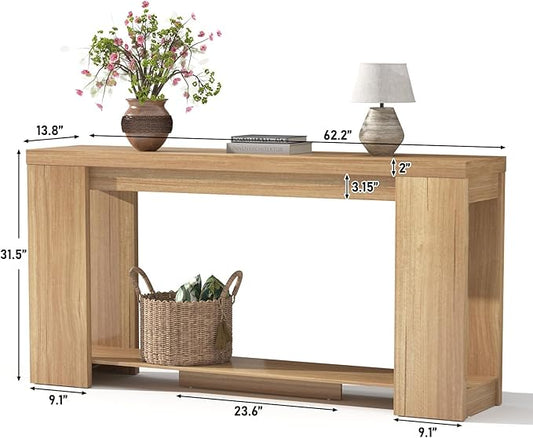 62 Inch Extra Long Console Table with Storage, Farmhouse Wood Entryway Table with Thickened Base, Narrow Entryway Accent Table for Living Room, Hallway, Entrance, Natural Oak
