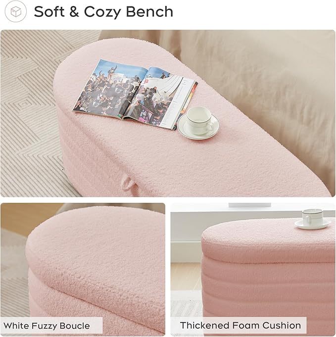 Storage Ottoman Bench End of Bed for Bedroom,45 inch Boucle Upholstered Entryway Shoe Seat Bench w/ Storage,Sherpa Modern Cute Padded Blanket Chest Stool Foot Rest for Living Room,Window Seating, Pink