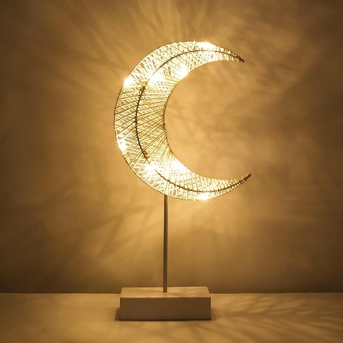 Decorative Table Lamp, Moon Shape Rattan Ramadan Desk Lamp Battery Powered Light, Winding Thread Warm LED Crescent Light Christmas Home Bedroom Romantic Bedside Desktop Nightstand Decoration, White