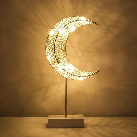 Decorative Table Lamp, Moon Shape Rattan Ramadan Desk Lamp Battery Powered Light, Winding Thread Warm LED Crescent Light Christmas Home Bedroom Romantic Bedside Desktop Nightstand Decoration, White