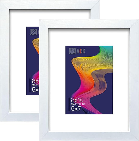 VCK Picture Frame 8×10 Inch Display Picture 5x7 with Mat or 8×10 without Mat Set of 2 Photo Frame with High Definition Real Glass Front Display Tabletop and Wall Mounting White