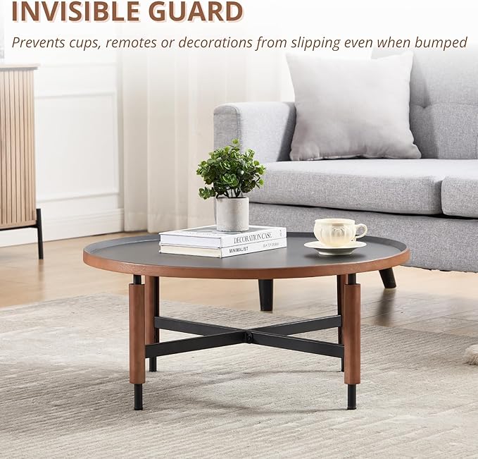 HEAH-YO 35" Round Coffee Table, Wood Tray Top Accent Table with Walnut Wrapped Metal Legs, Industrial & Farmhouse Nesting Tables for Living Room/Office Reception, Black