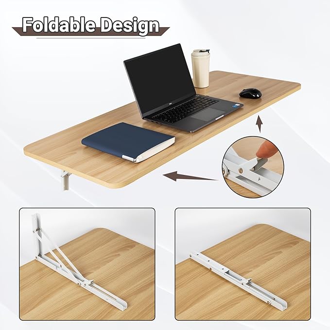 Wall Mounted Folding Table 47.2”L x 19.7”W, Laundry Folding Table with Heavy Duty Metal Collapsible Shelf Brackets, Wall Mounted Desk Fold Down for Small Spaces, Wood Color