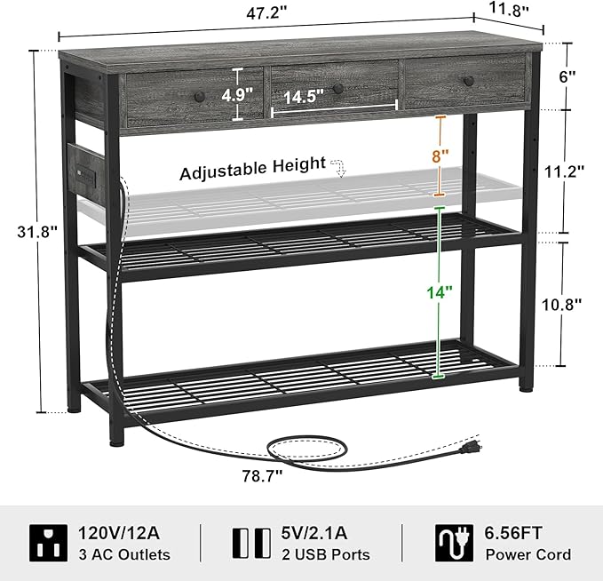 Ecoprsio 47'' Entryway Table with Outlets and USB Ports, Console Table with 3 Drawers, Sofa Table Narrow Long with Storage Shelves for Living Room, Couch, Hallway, Foyer, Kitchen Counter, Grey