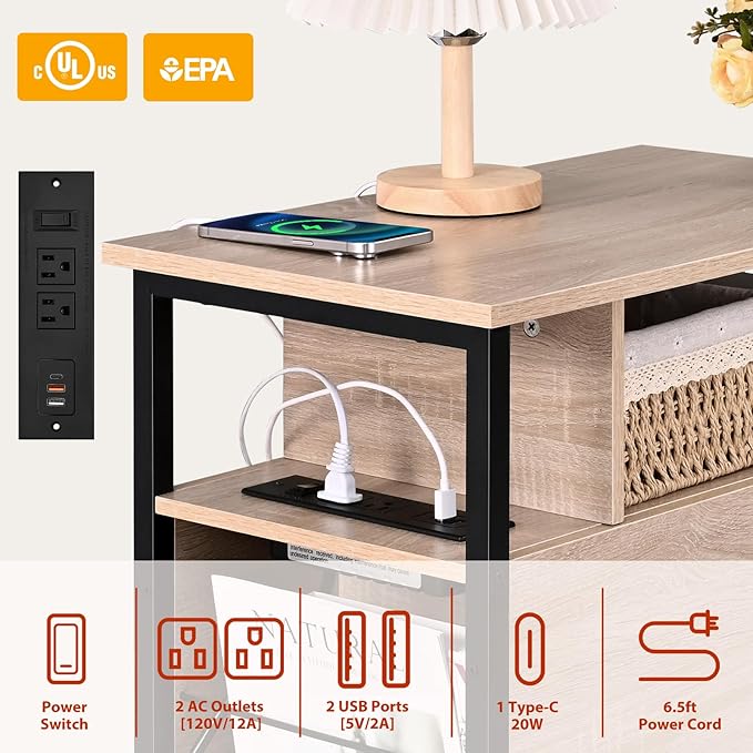 Livofloral Side Tables with Charging Station, Narrow End Table with 2 Wooden Drawers, USB Ports and Power Outlets, Narrow Nightstand and Bedside Table, Side Tables Living Room, Bedroom, Greige