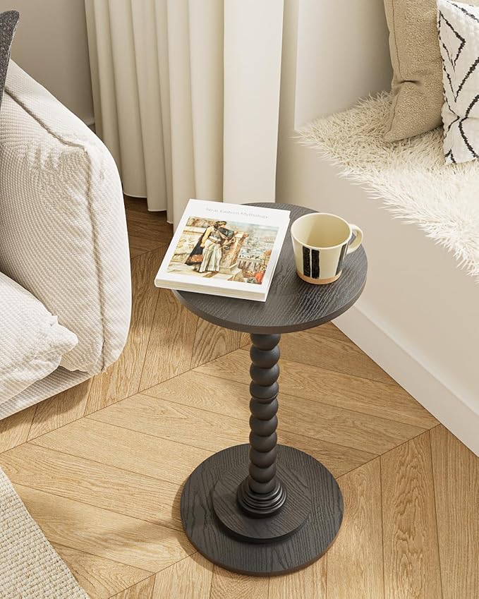 Masupu Round Side Table, Small End Table for Small Spaces, Pedestal Drink Table with Solid Wood Leg for Living Room, Bedroom, Corners(Black)