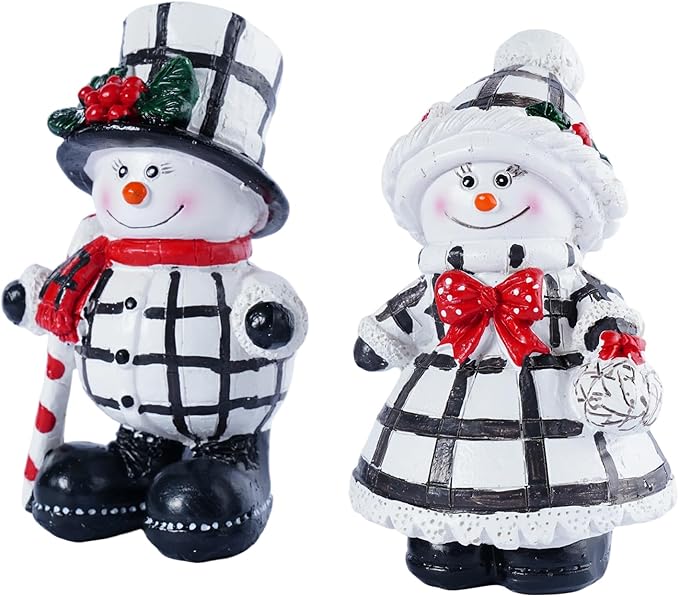 2-Piece Christmas Couple Snowman Resin Statues, Indoor Outdoor Holiday Decor, Christmas Table Centerpiece & Home Desktop Window Sill Ornaments - Ideal for Parents Friends