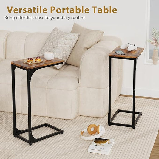 Narrow C Shaped End Tables Living Room TV Trays Set of 2, Small Thin Farmhouse Side Table Skinny Slide Under Couch Tray Tables for Sofa Bedroom Small Space 7 inch Width, Rustic Brown