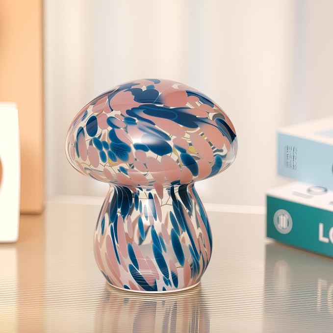 Small Glass Mushroom Table Lamp Night Light Bedside Desk Lamp for Bedroom Nightstand Light -Blue