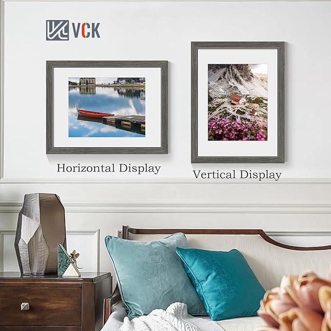 VCK 12x16 Picture Frame 2 Pack - Grey, High-End Wood Poster Frames with Tempered Glass, Display 8.5x11 Photo with Mat or 12x16 without Mat, Art Gallery-Quality, Wall Hanging, Grey