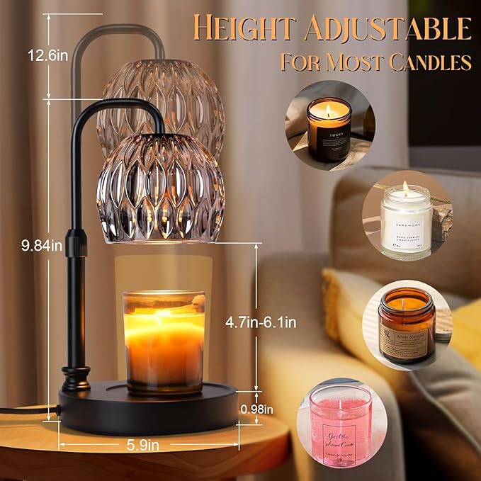 Candle Warmer Lamp with Timer Dimmer, Adjustable Height Candle Wax Warmer Warming Lamp with 2x50W Bulbs for Scented Candles for Housewarming Bedroom Home Decor Mom Women