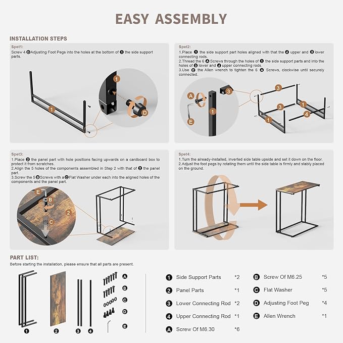 C-Shaped Side Table, Modern End Table with Metal Frame, Space Saving Design for Living Room，Large Surface Couch Table for Bedroom, and Home Office，24 x 12 x 24 inches (Rustic Brown)