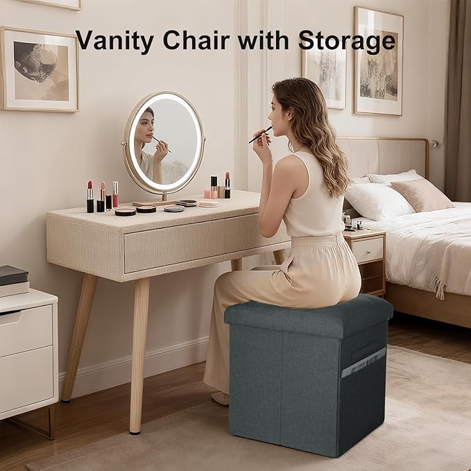 Small Ottoman with Storage, 61L Slim Tall Foldable Ottoman Foot Rest Stool with Thicker Foam Padded Seat. Linen Storage Bench for Bedroom Living Room, 300lbs Weight Support, 17x13x13IN, Gray Black