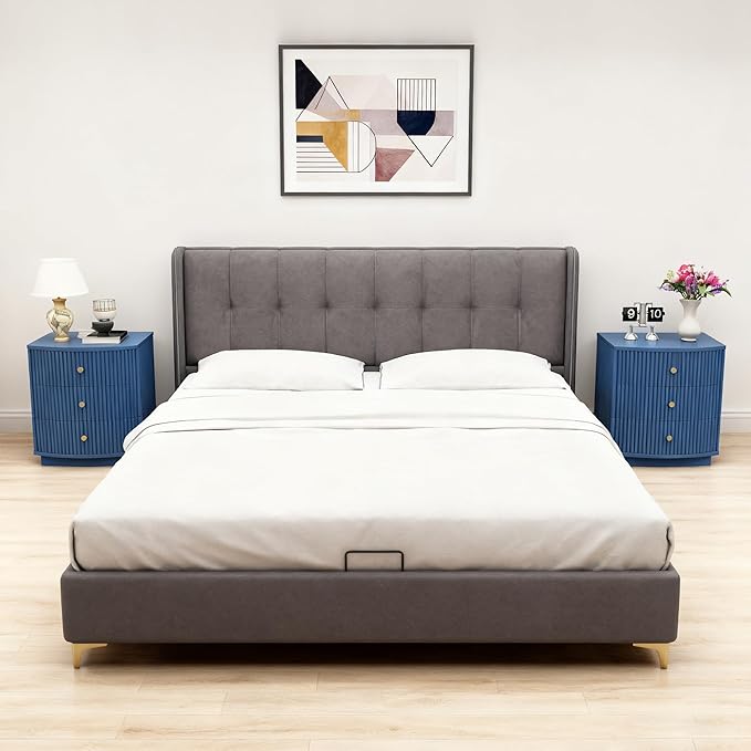 Grooved Wood End Table with 6 Drawers, Curved Edge Storage Side Table, Six Drawer Nightstand Compact Sofa Bedside Table for Bedroom, Living Room and Small Spaces, Blue X2