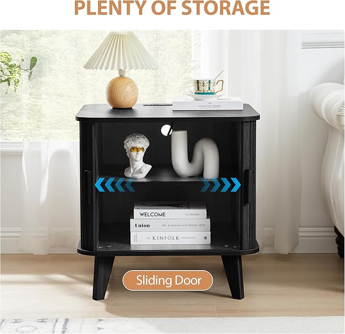 AVZEAR 24" Large Square End Table with Charging Station, Farmhouse Fluted Sofa Side Table with Sliding Tambour Door & Storage, Curved Rustic Wood Nightstand for Living Room, Bedroom, Black