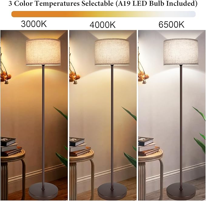 65‘’ Simple Design Floor Lamp with 3CCT 9W LED Bulb, Modern Industrial Standing Lamp for Living Room with Foot Switch, Tall Lamp with Drum Shade, Stand Up Floor Light for Study Bedroom Office, Brown