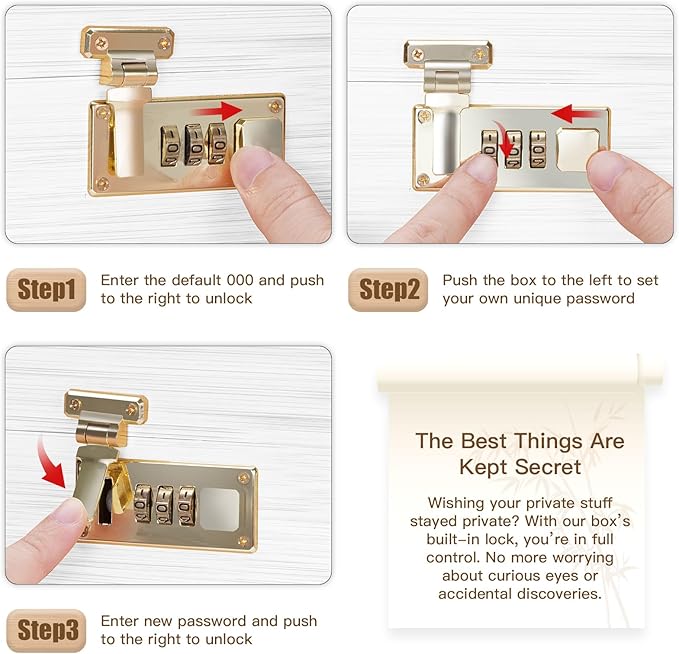 Large bamboo box, locked storage decorative box with combination lock, wooden lock box with lid, wooden locked storage box with removable tray and jars(White)