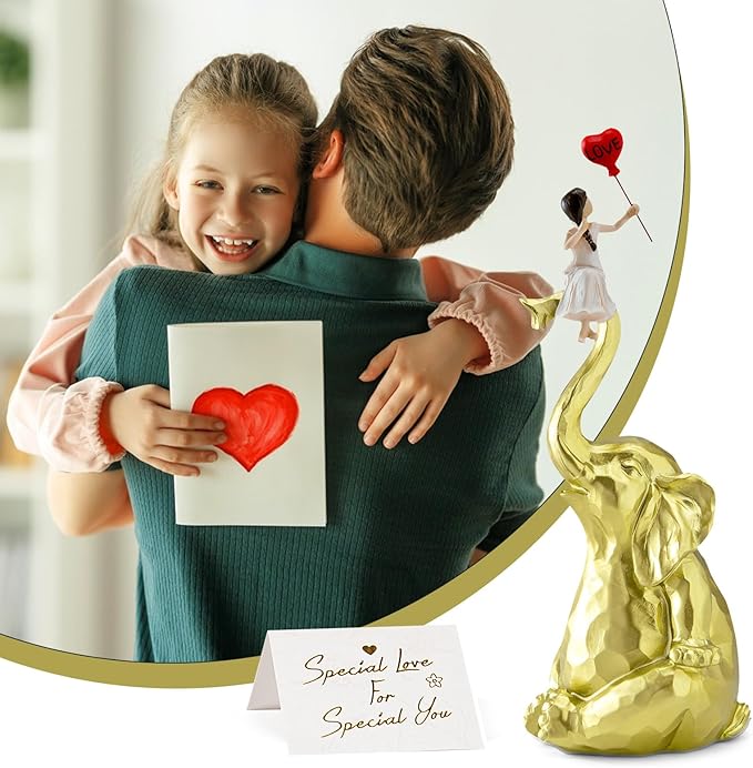 Elephant Statue Home Decor - Handmade Resin Sculpture Girl with Love Balloon Sitting on Elephant Figurines, Gifts for Women Girl Birthday Gold