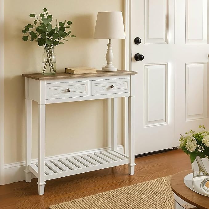 KINTNESS Console Table with 2 Drawers, Farmhouse Sofa End Table with Shelves for Entryway Living Room Hallway, White