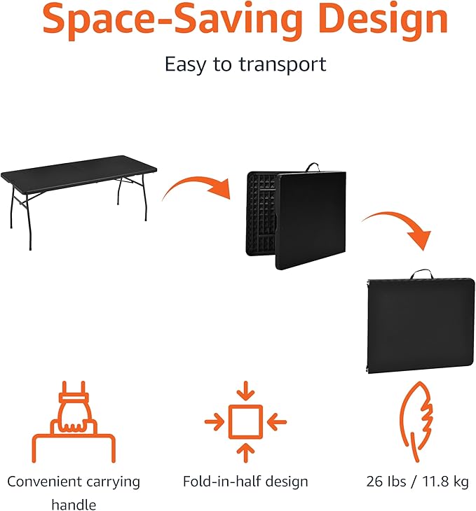 Amazon Basics Heavy Duty Portable Folding Table 6 ft with Carrying Handle, Indoor & Outdoor, Black