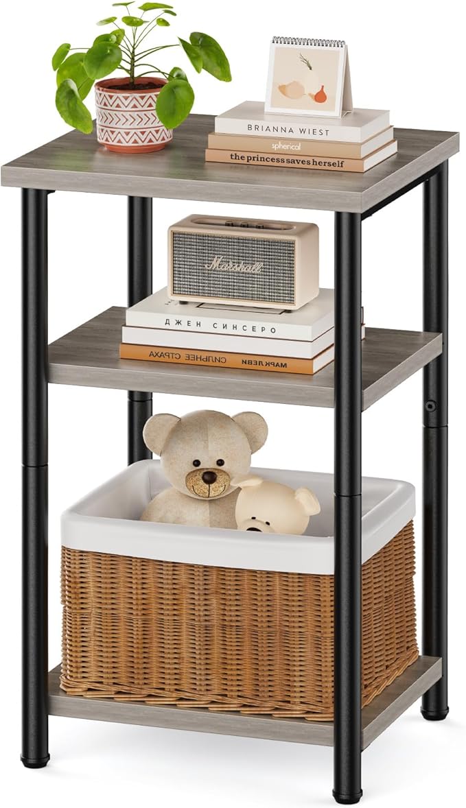 Sweetcrispy 3-Tier End Table with Adjustable Feet, Side Tables, Small Nightstand, 1-Pack for Bedroom, Living Room, Office, Grey