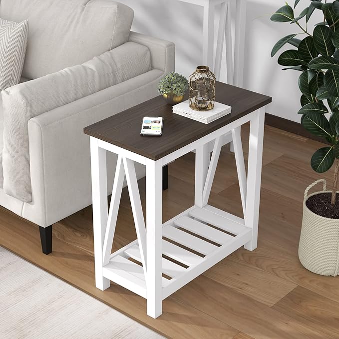 ChooChoo Farmhouse End Table Set of 2, Rustic Vintage Narrow End Side Table with Storage Shelf for Small Spaces, Nightstand Sofa Table for Living Room, Bedroom White