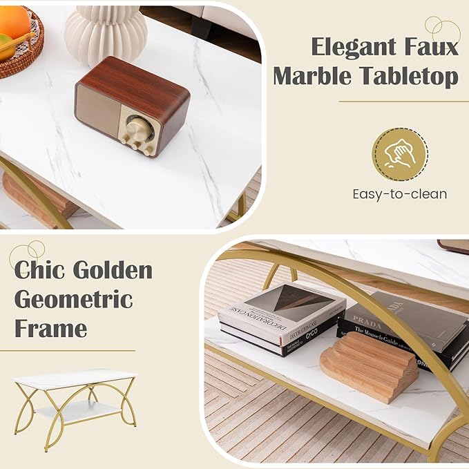 Giantex 2-Tier Rectangular Coffee Table, Faux Marble Table with Open Storage Shelf, Gold Finished Metal Frame, Modern Center Table for Living Room, Reception Room (White+Gold)
