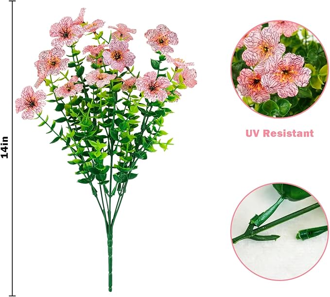 Agusbagli 10 Bundles Artificial Flowers Outdoor UV Resistant Fake Flowers No Fade Faux Plastic Greenery Shrub Plants for Wedding Home Garden Window Box Fireplace Thanksgiving Christmas Decor, Pink