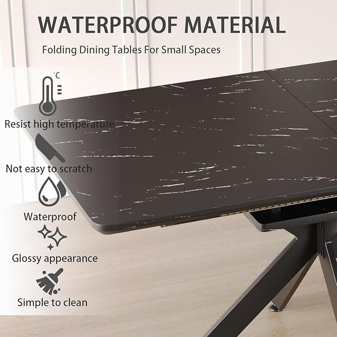 Marble Dining Table for 4-8, 62.4''-78.15'' Extendable Dining Table, Modern Kitchen Table, Space Saving Rectangular Table for Office and Dining Room(Black)