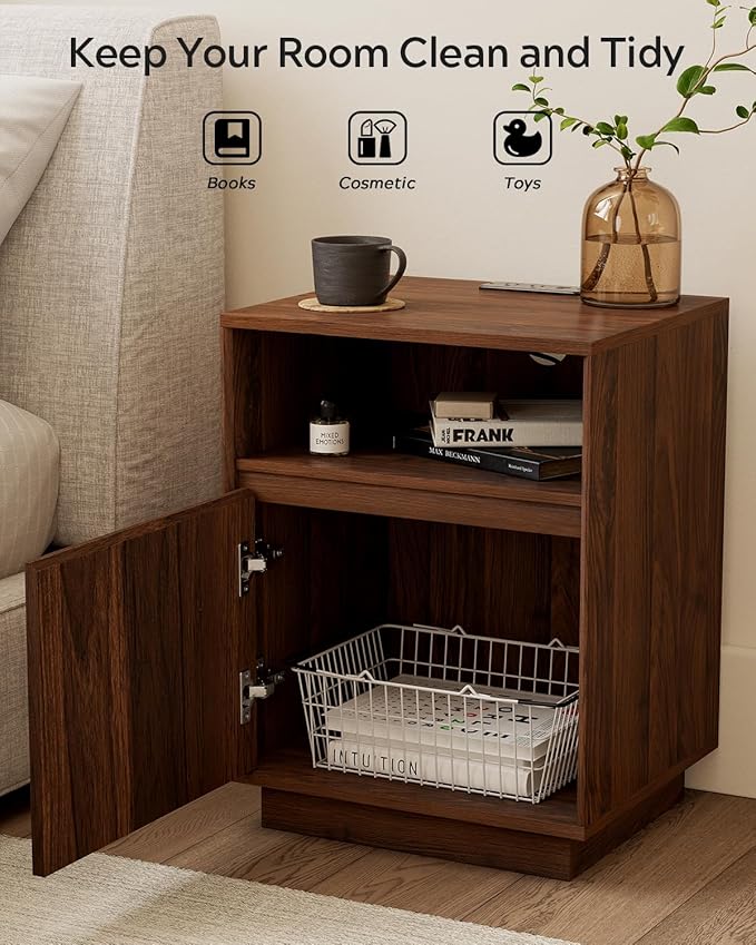 Farmhouse Nightstand with Door, Wood Storage End Table with Charging Station & Open Shelf, Bedside End Tables for Bedroom, Sofa, Brown