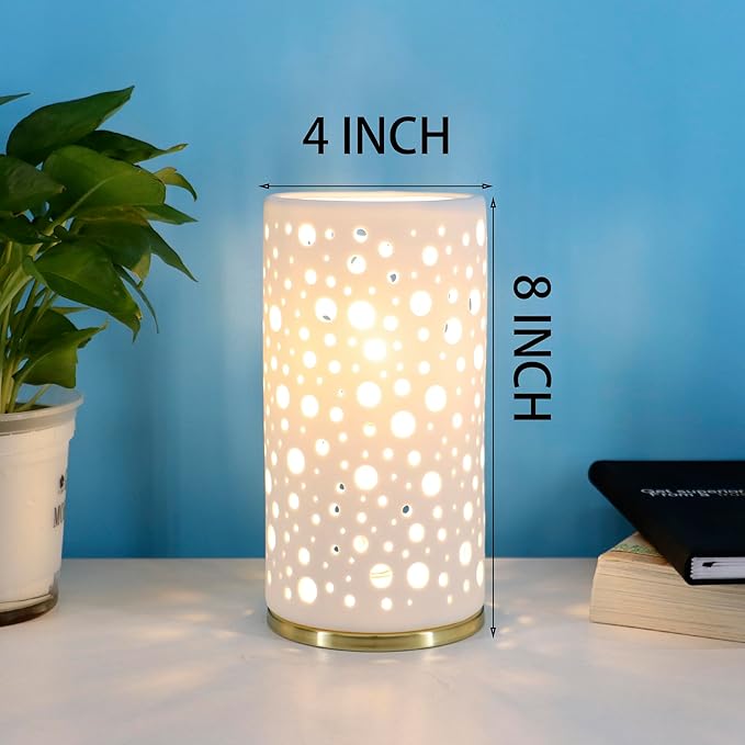 Small Modern Ceramics Bedside Table Lamp, 4 x 4 x 8 Inch White Round Hole Style Nightstand Lamps, Side Table Lamps for Bedroom Living Room Entryway Table Light