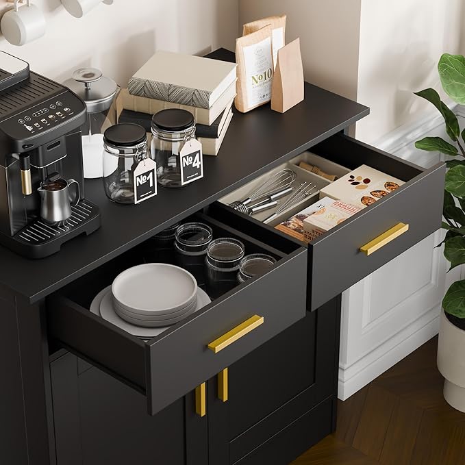 Buffet Cabinet with Storage - Buffets & Sideboards Kitchen Storage Cabinet, Wood Console Table Coffee Bar Accent Cabinets for Living Room Dining Room Entryway Small 2 Doors & Drawers, Black 35.4"W