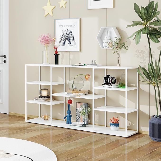 63 Inch Metal Console Table with 8 Storage Shelves,Extra Long Entryway Table,Narrow Sofa Table,Hallway Table for Entrances to Corridor, Foyer,Living Room (White, 62.99×11.81×31.5)
