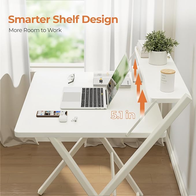 GreenForest No Assembly Folding Desk, 2-Tier Compact Computer Desk with Shelf, Space Saving Foldable Table for Home Office, Dorm or Apartment, Portable Collapsible Sturdy Laptop Desk, White