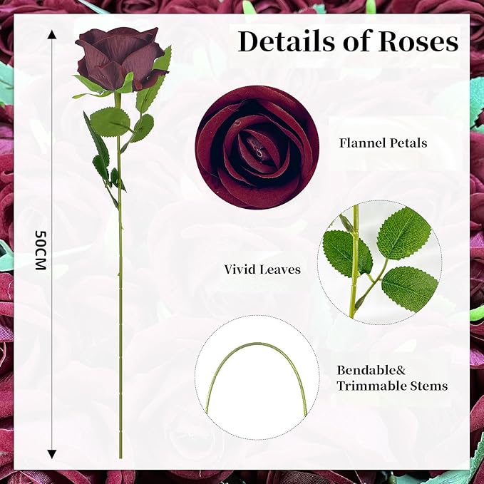 10 PCS Artificial Roses with Long Stems Silk Flowers Realistic Foam Flowers Fake Roses for Valentine's Day Home Wedding Halloween Decor(Wine Red)