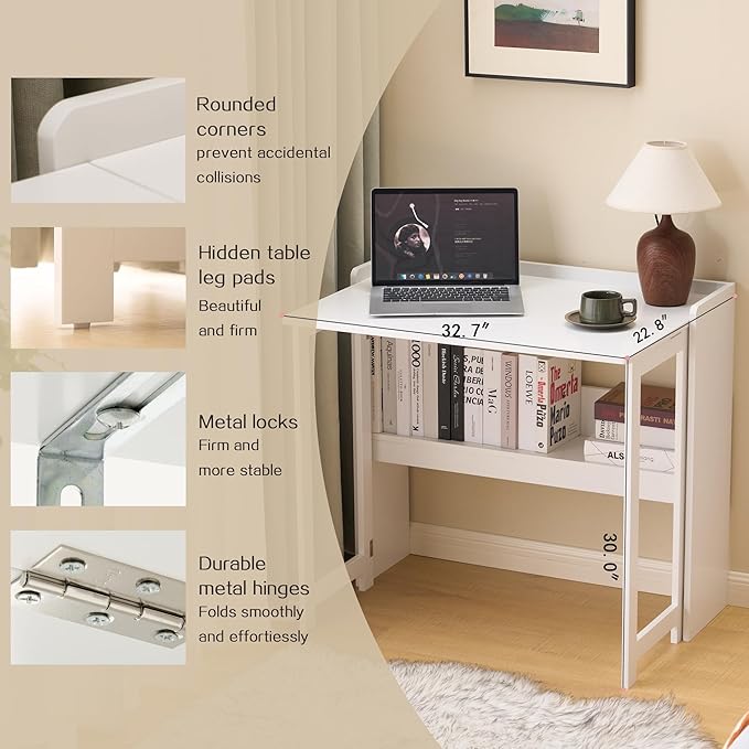 Folding Table with Storage Shelf,32.7 Inch Foldable Computer Desk for Small Spaces,Small Writing Desk for Bedroom Home Office Dorm and Apartment (White)